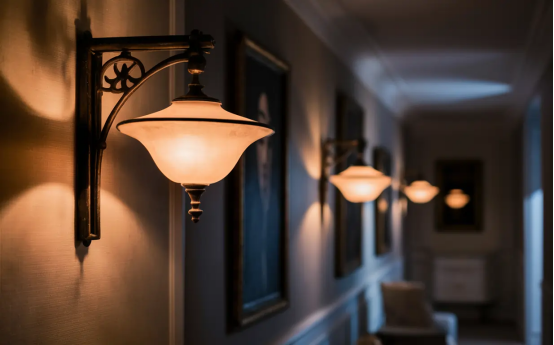 Classic two-headed outdoor wall lights mounted along a hallway, demonstrating how evenly spaced fixtures create uniform illumination.